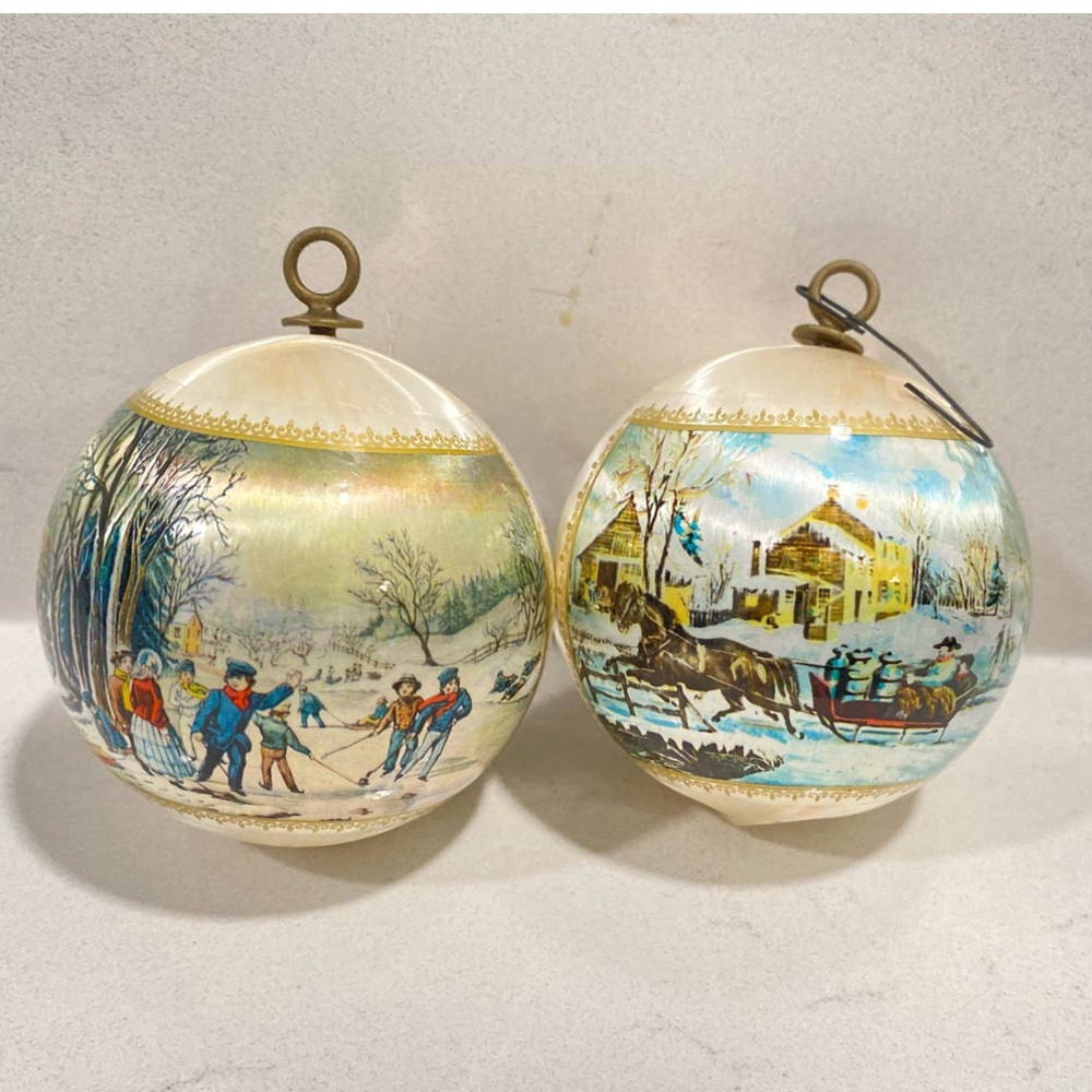 Vintage Satin Christmas Ornaments Winter Scene Decorations Set of 2